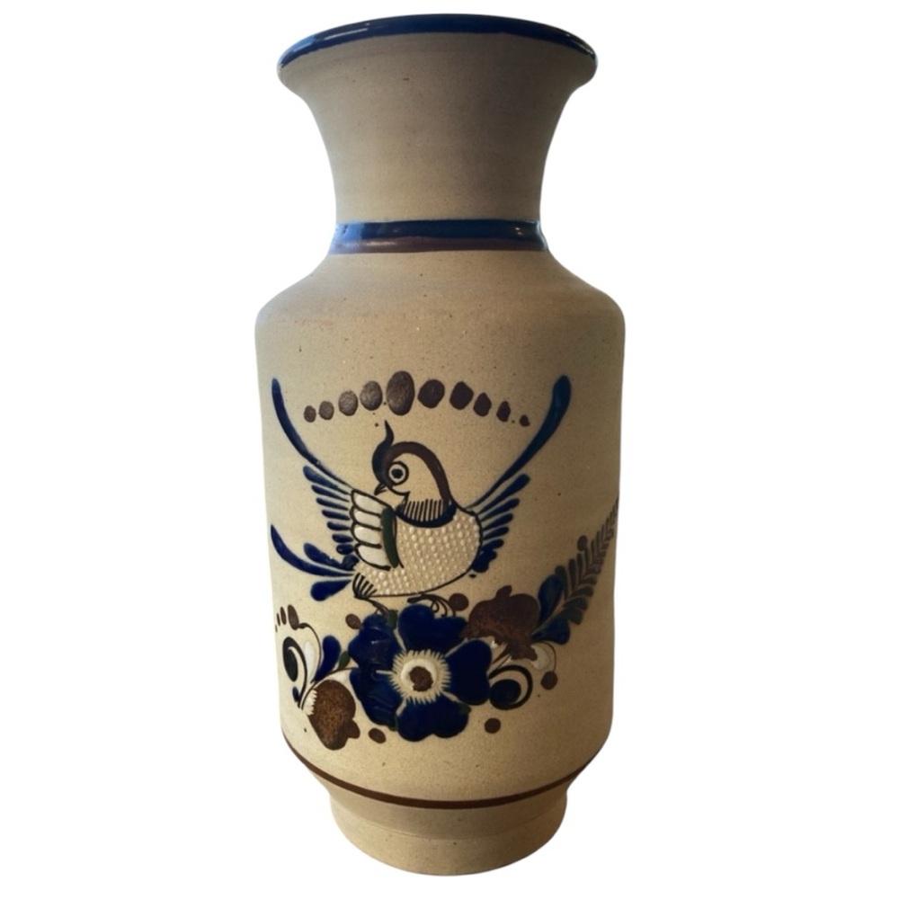 Massive Tonala Vintage Mexican Hand Painted Sandstone Floral Bird Vase Signed